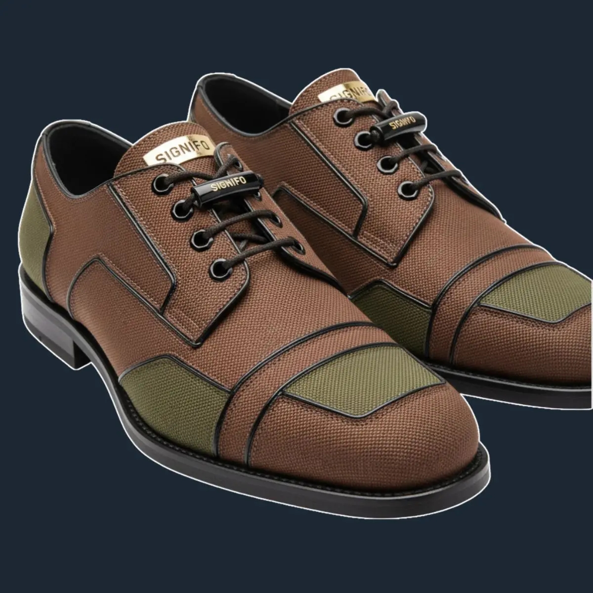 Sepatu oxford cinnamon brown dengan panel olive green dan tali hitam.