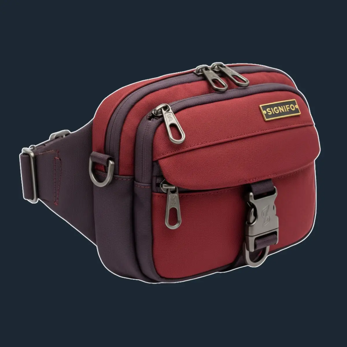 Tas pinggang Signifo merah marun dengan banyak kantong ritsleting.