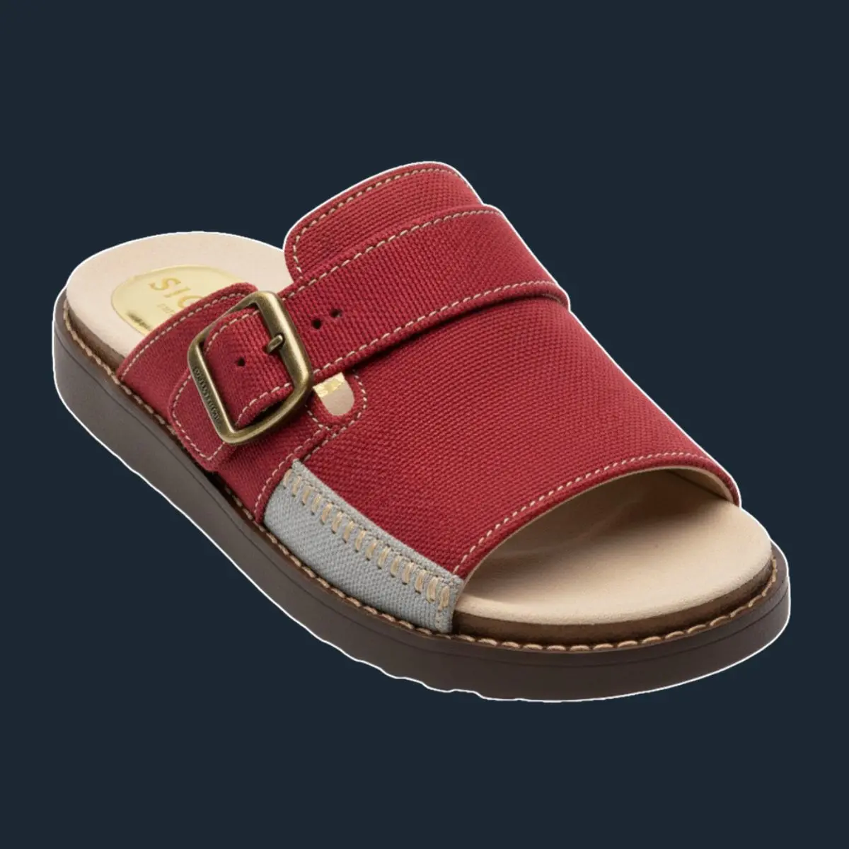 Sandal Signifo merah dengan gesper logam dan detail abu-abu.