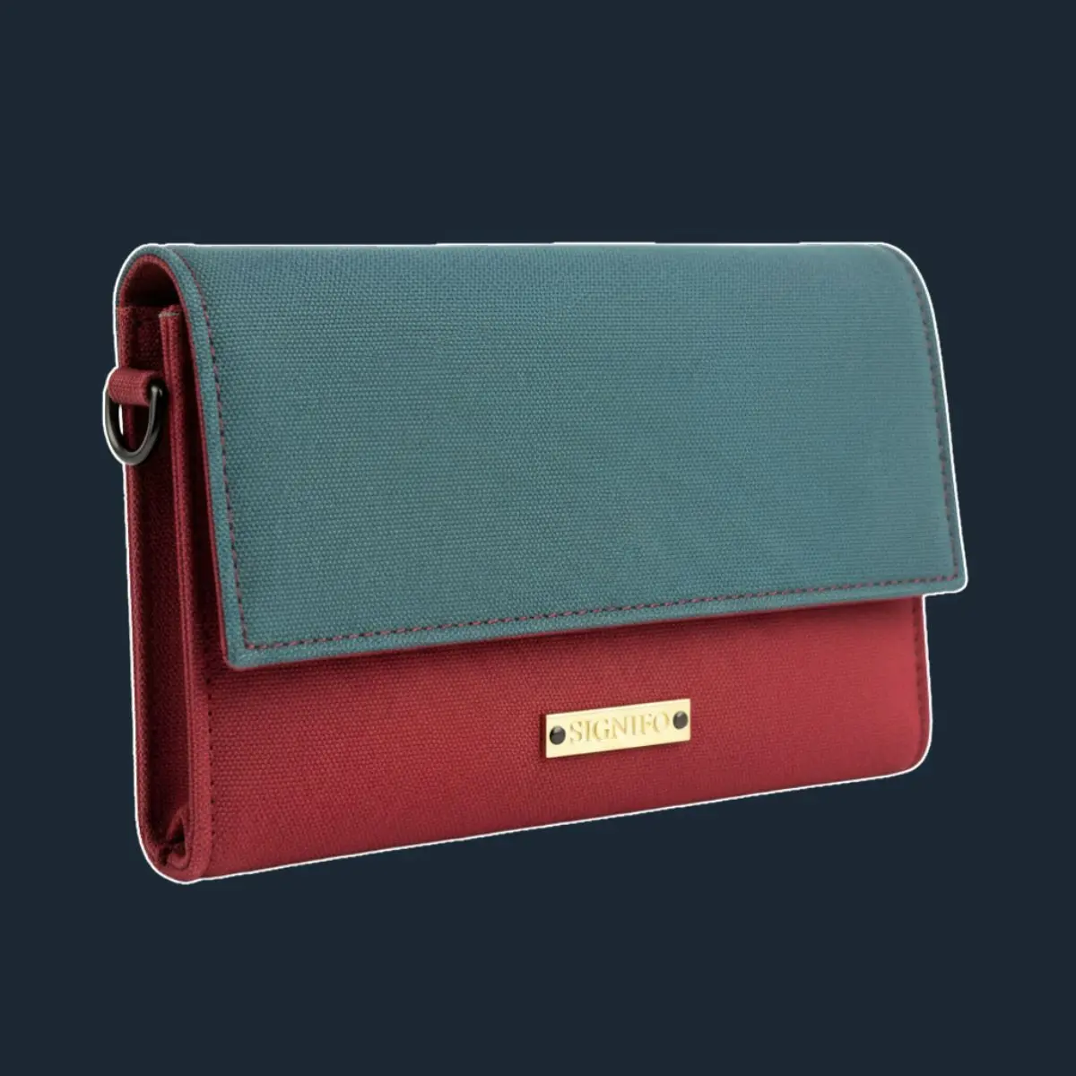 Dompet lipat Signifo merah-hijau teal dengan penutup bergaris.