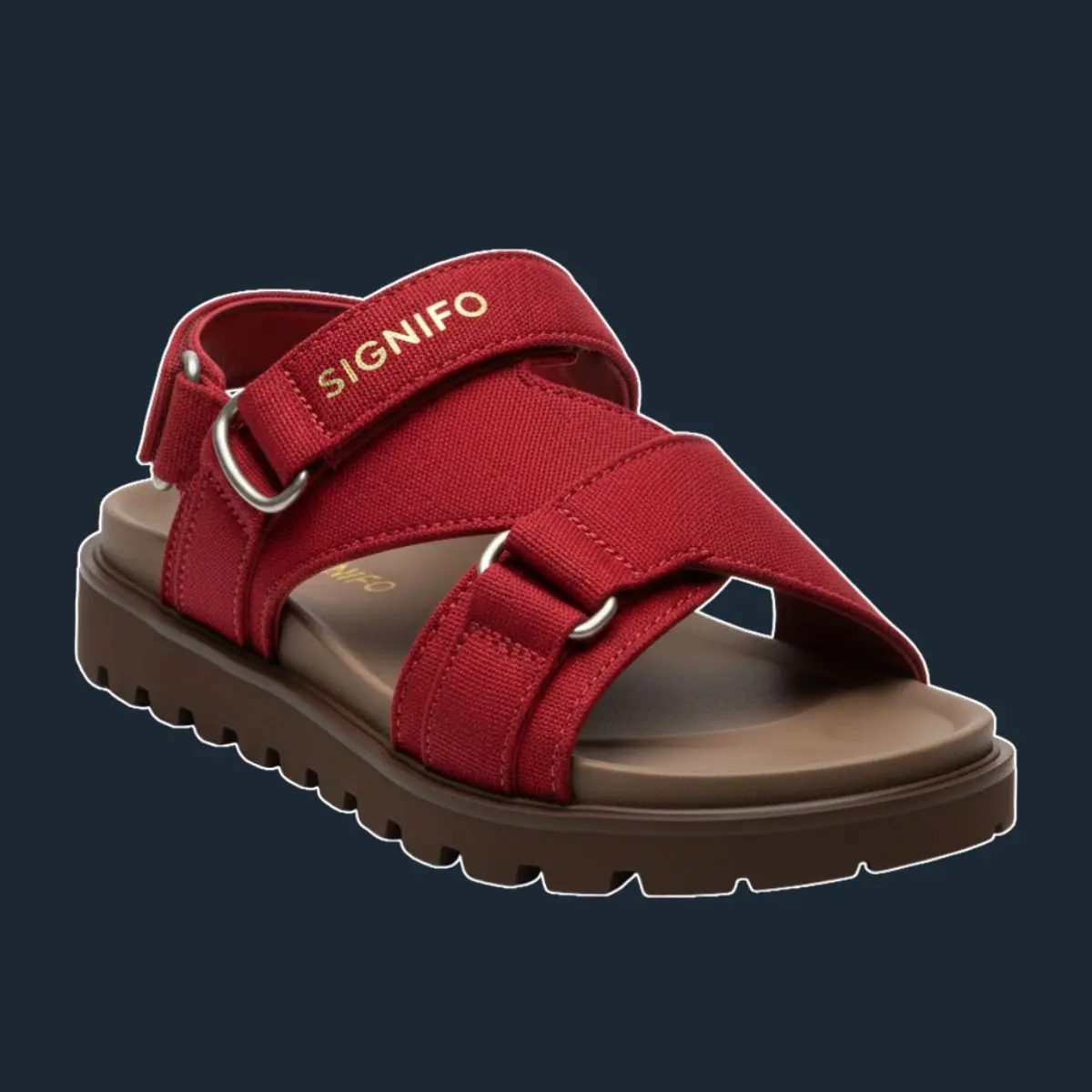 Sandal Signifo merah dengan tali kain dan sol bergerigi cokelat.