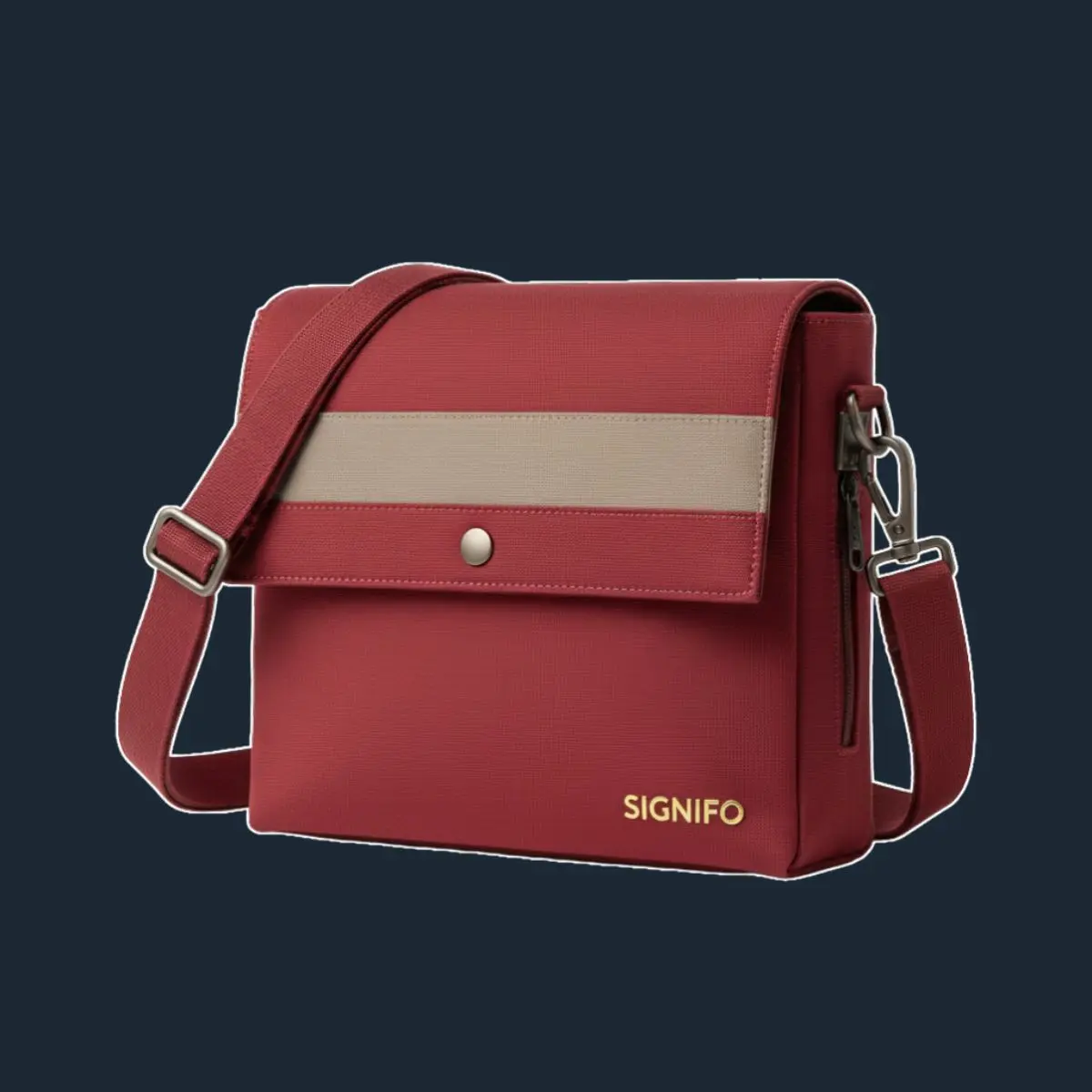 Tas selempang Signifo merah dengan garis horizontal krem.