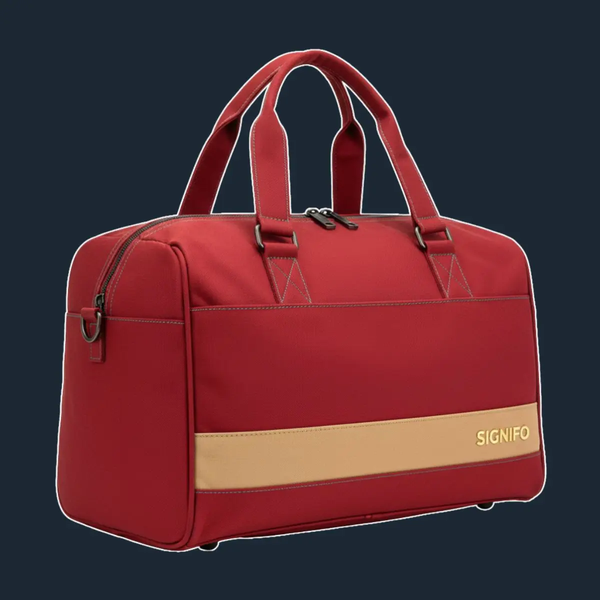 Tas duffel Signifo merah dengan garis horizontal krem.