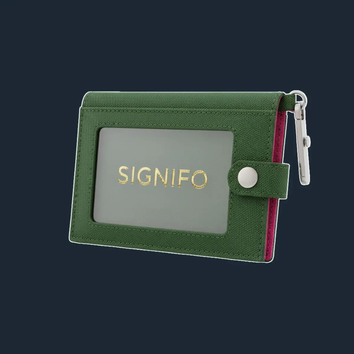 Tempat kartu forest green dengan jendela ID dan pengait perak.