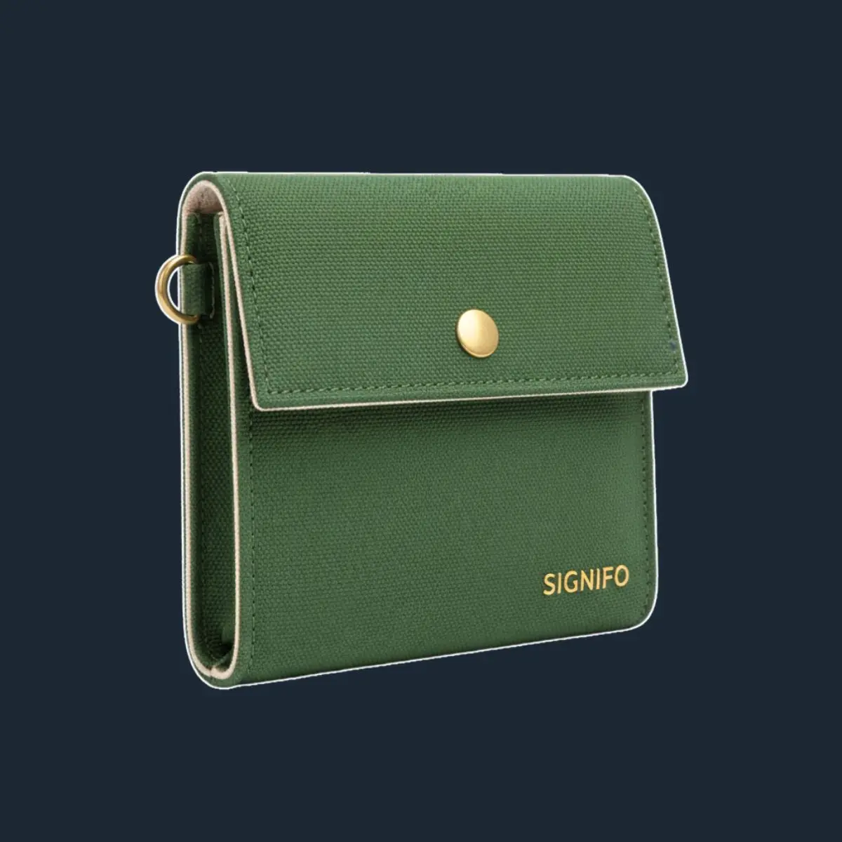 Dompet lipat forest green dengan penutup kancing emas.