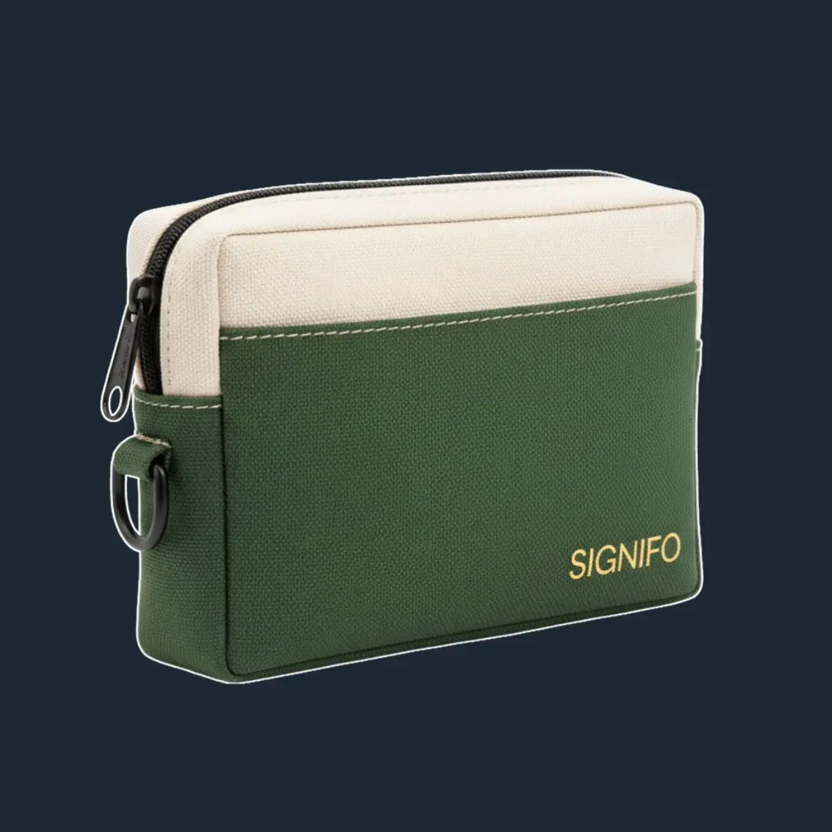 Tas kosmetik forest green dan krem dengan resleting hitam.