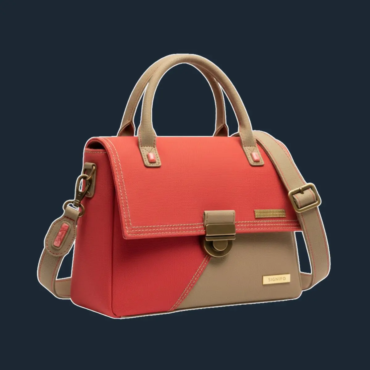 Tas kotak coral-taupe dengan pengait logam.