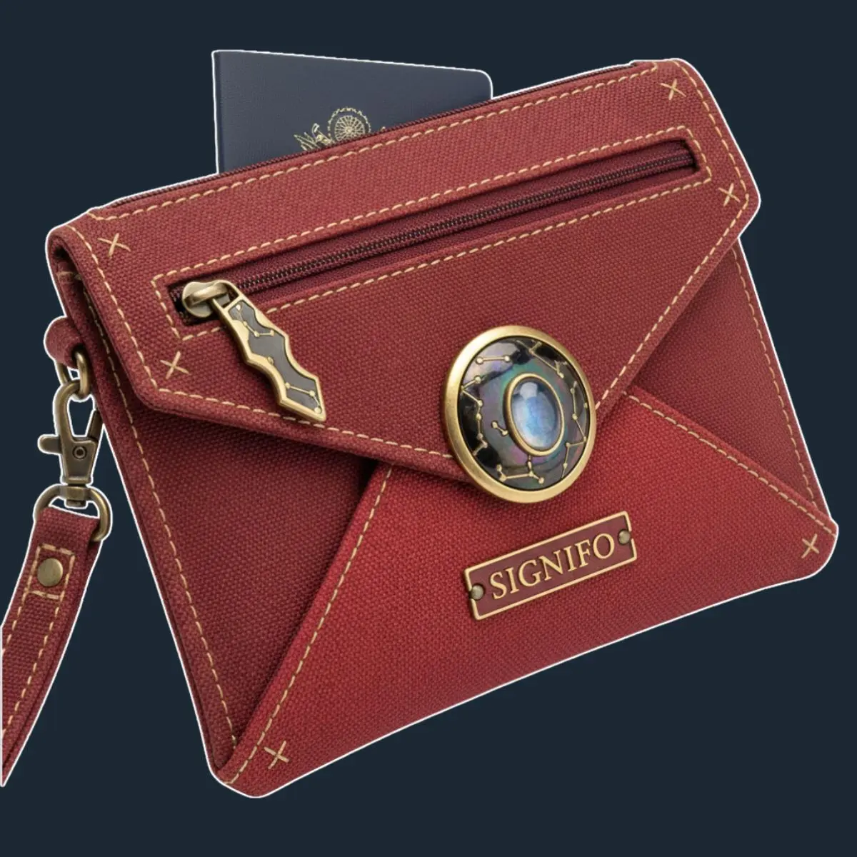 Dompet paspor amplop marsala dengan kancing batu pelangi.