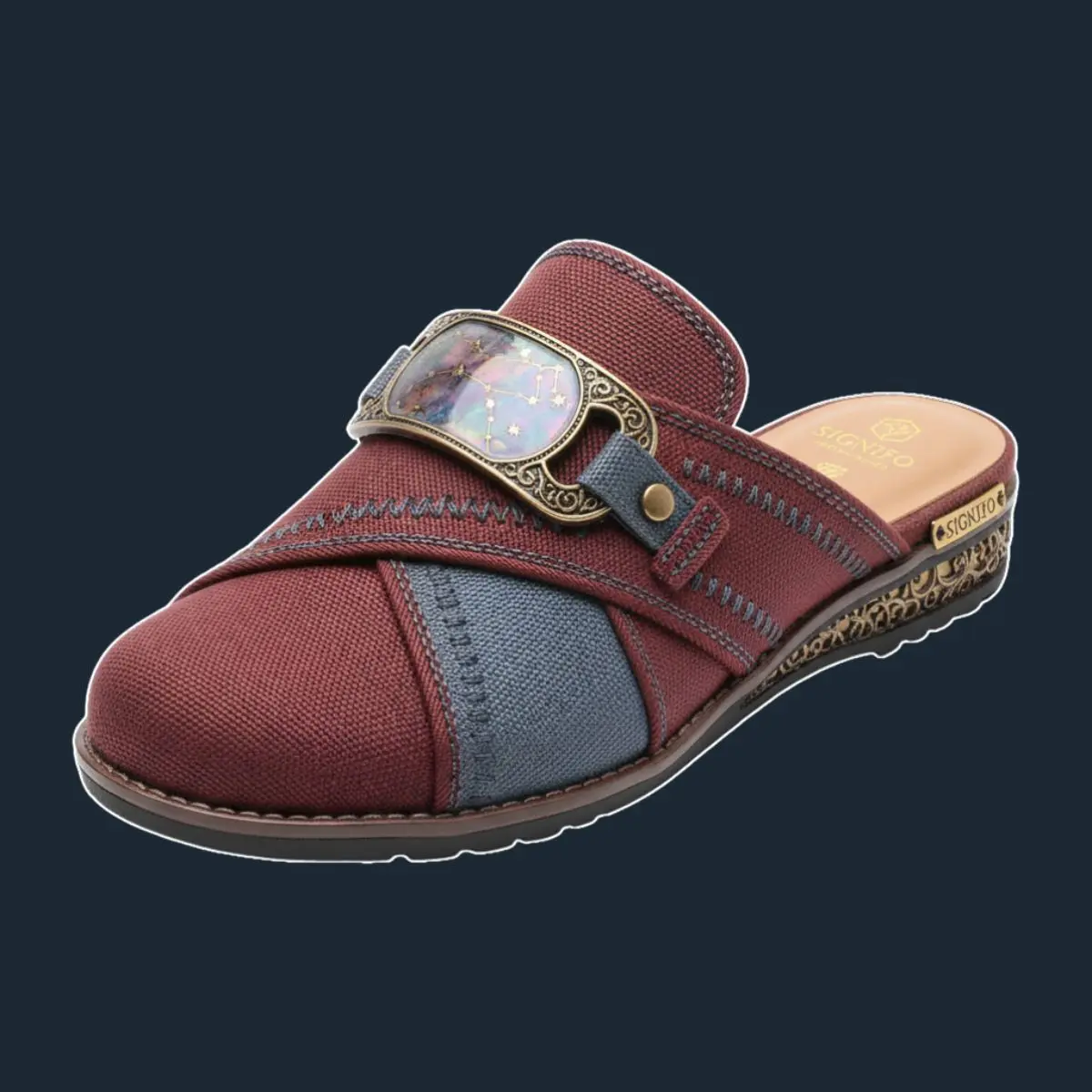 Sandal selop marsala dengan aksen kelabu dan perangkat keras bergaya astrologi.