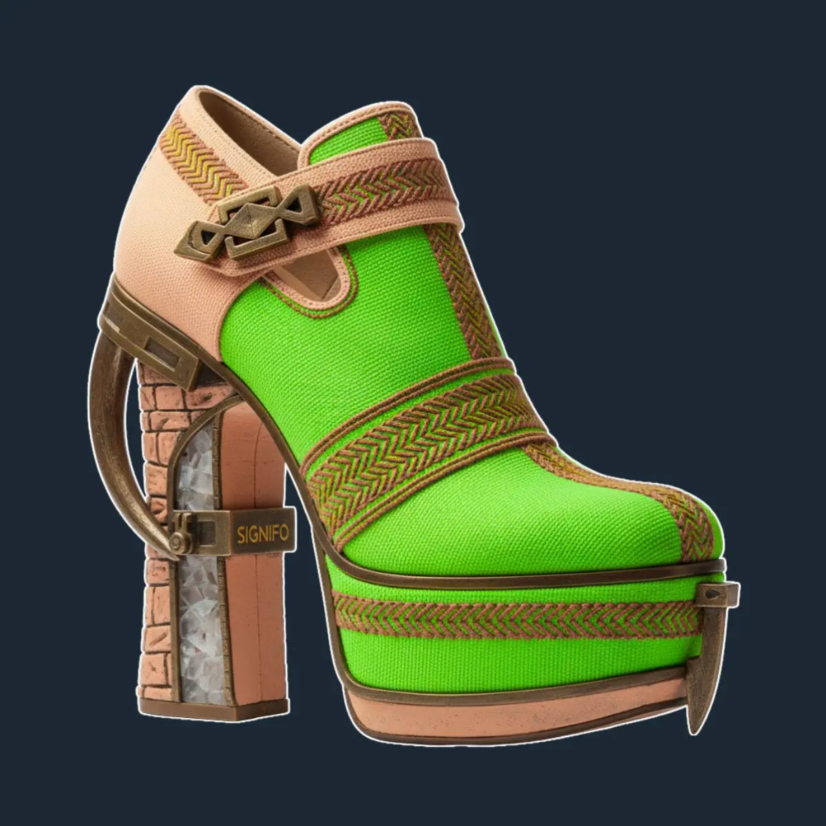 Sepatu mary jane platform hijau neon dengan aksen persik.