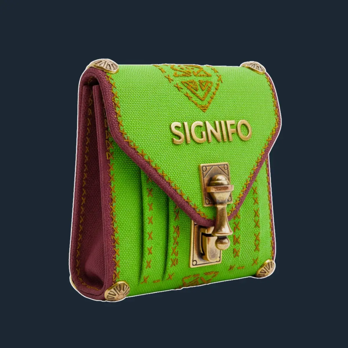 Dompet lipat Signifo hijau limau dengan kulit merah marun.