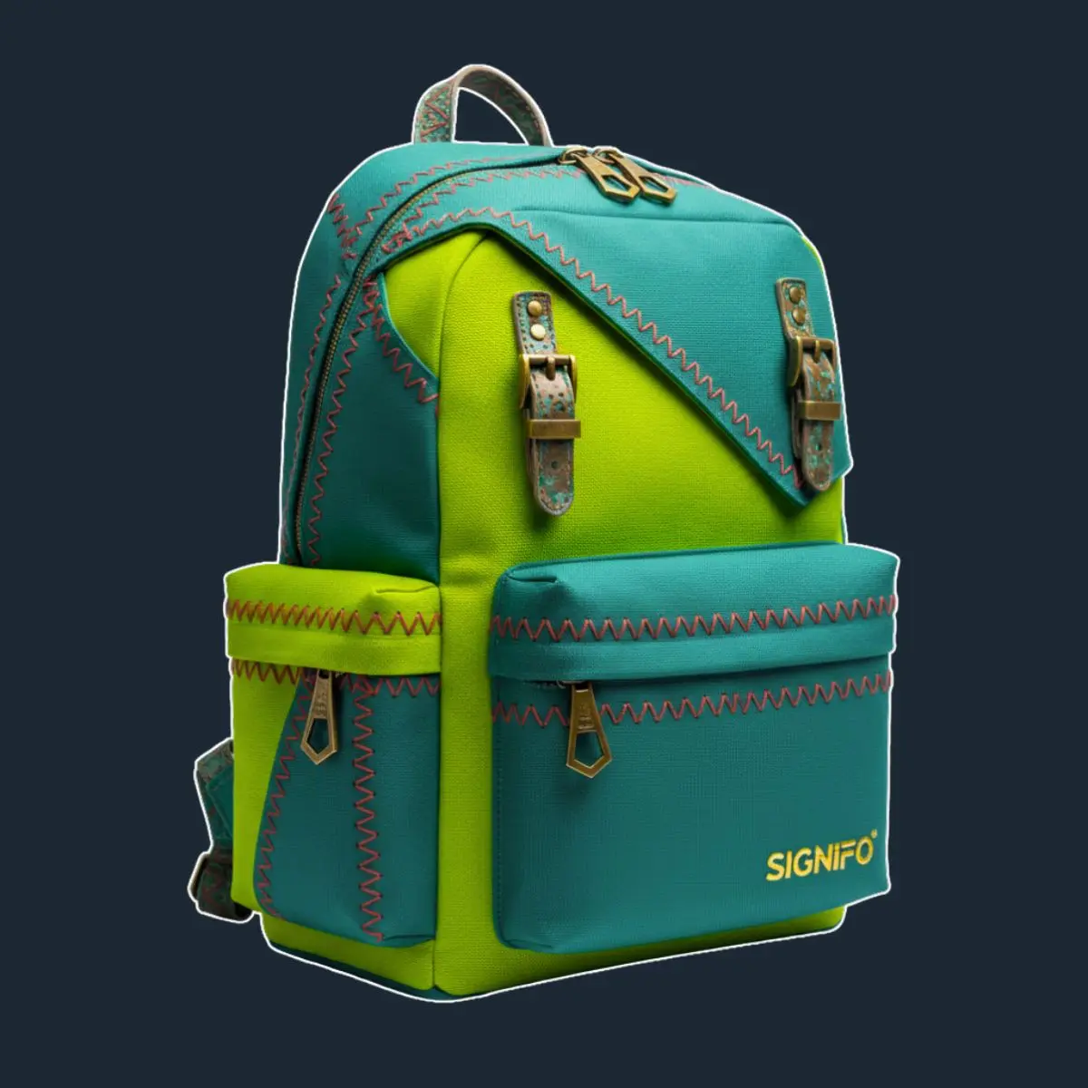 Ransel patchwork hijau neon dan teal dengan jahitan zig-zag.