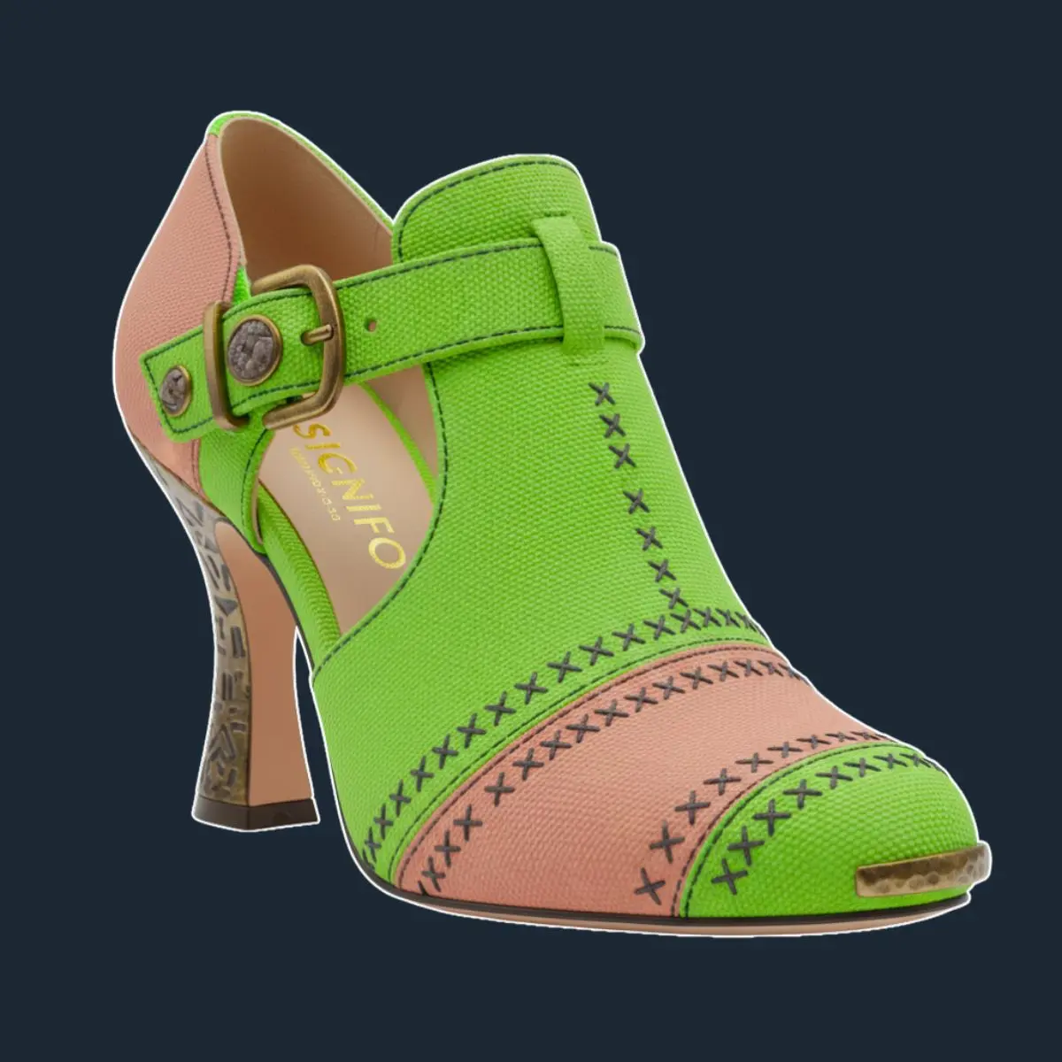 Sepatu hak tinggi SIGNIFO warna hijau neon dan peach dengan gesper dan jahitan X.