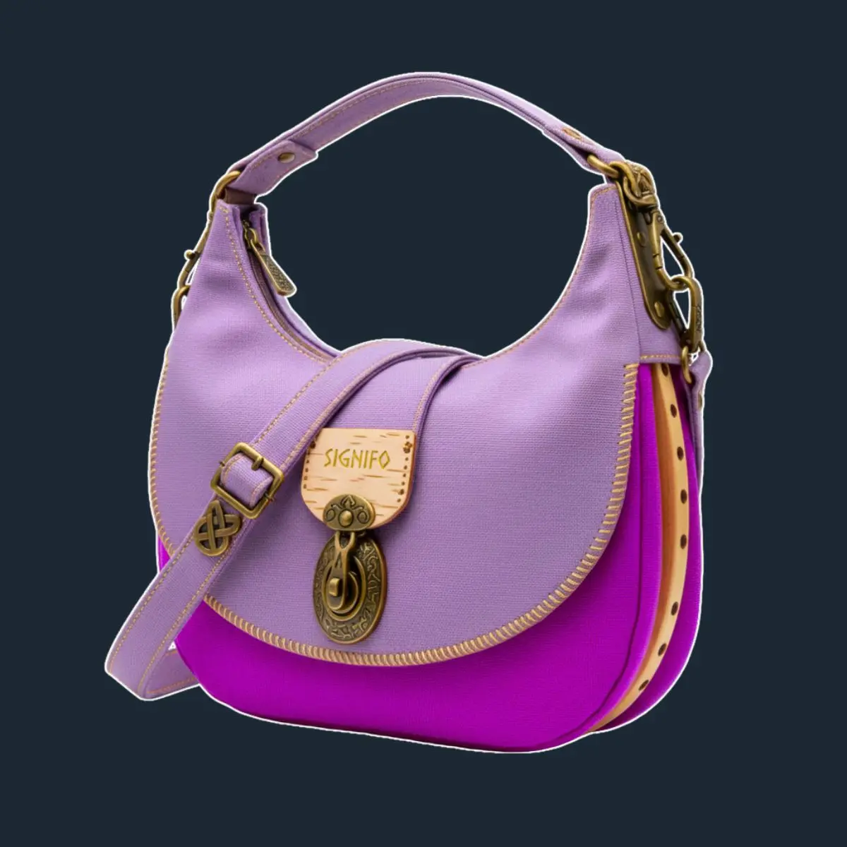 Tas hobo bulan sabit lavender-magenta dengan flap kulit birch.