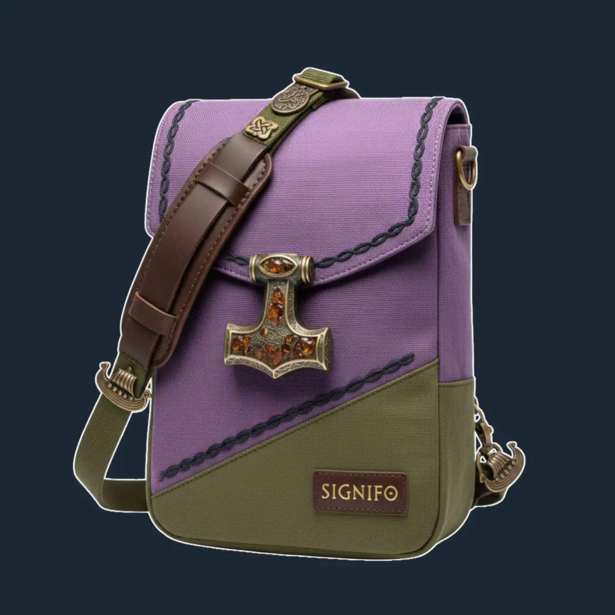 Tas kurir lavender-olive dengan palu Thor dan tali kulit.