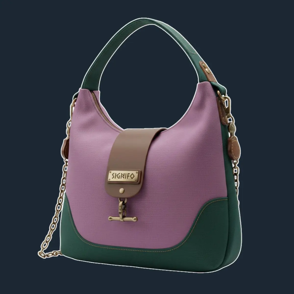 Tas bahu hobo lavender-hutan gelap dengan flap kulit cokelat.