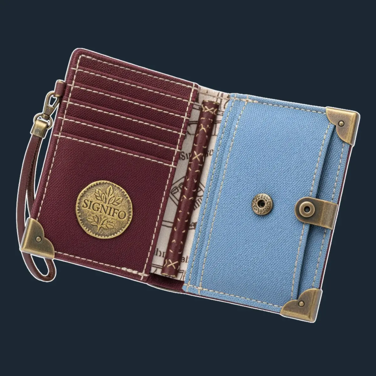 Dompet lipat SIGNIFO biru pastel-maroon dengan slot kartu dan logo koin perunggu.