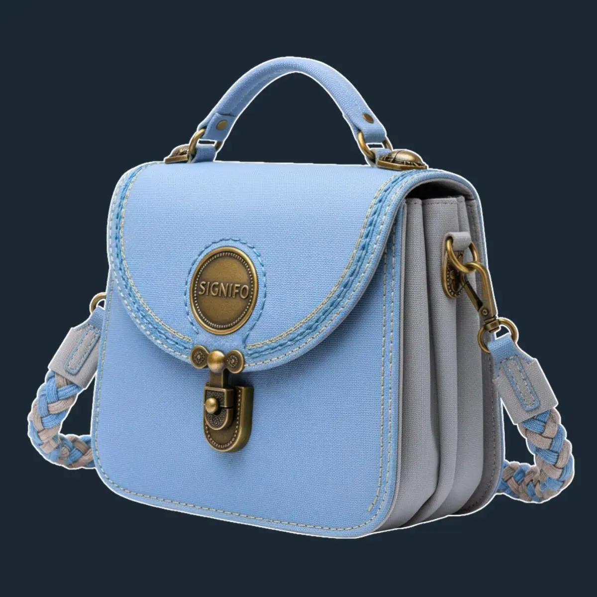 Tas satchel SIGNIFO biru pastel dengan panel abu dan gesper kuningan.