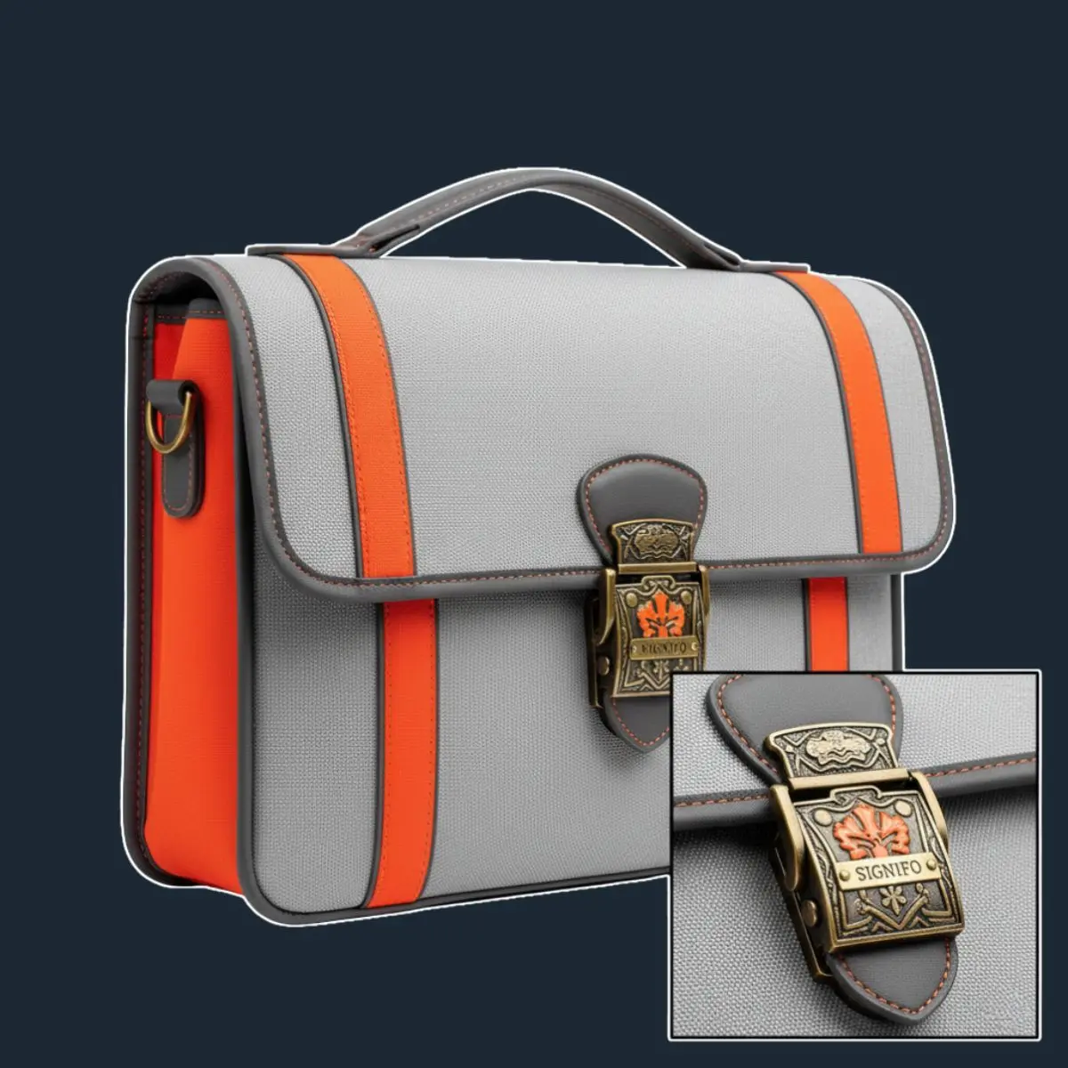 Tas kurir abu-abu pastel dengan tali oranye terang dan gesper kuningan.