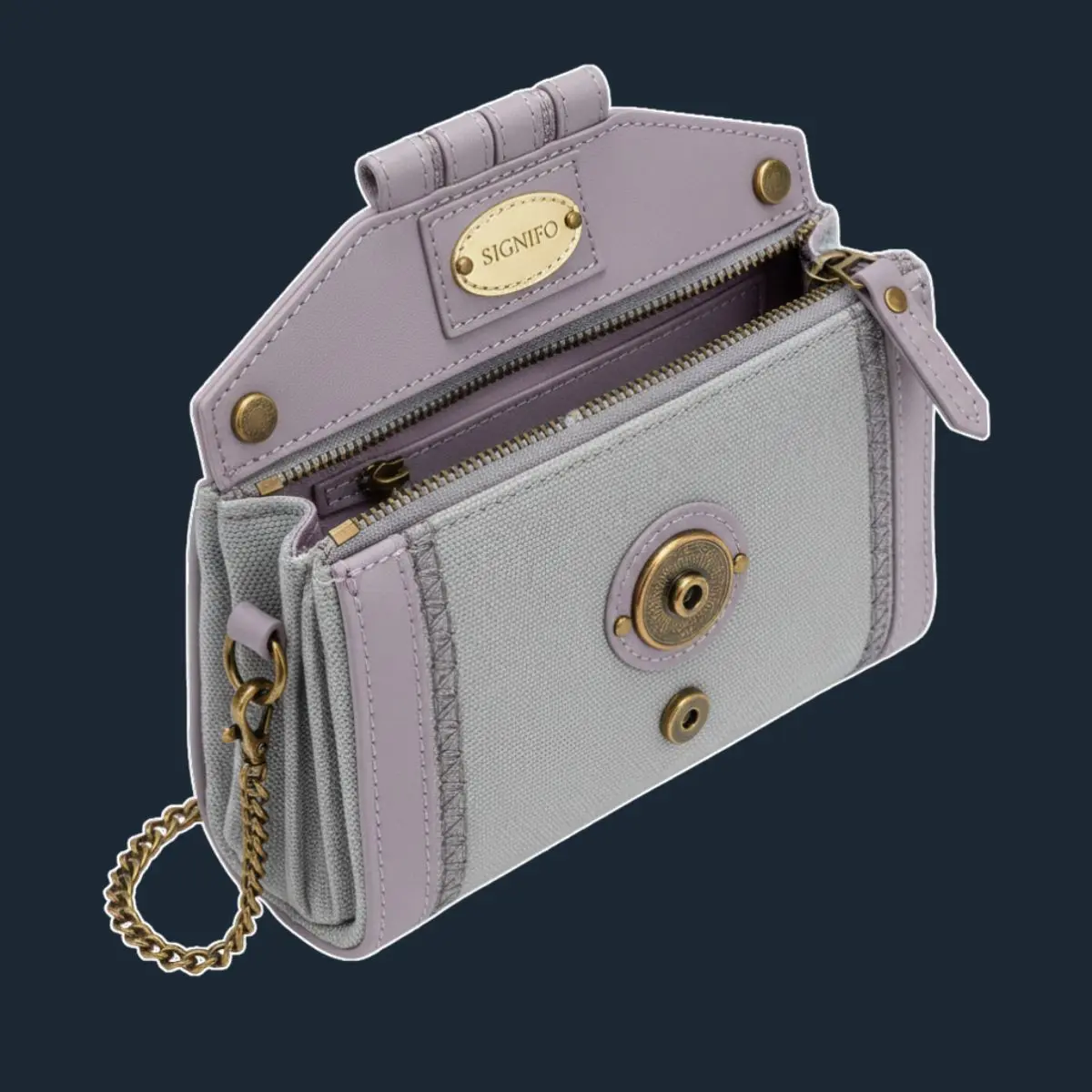 Tas mini abu-abu pastel-ungu dengan rantai bahu dan clasp dekoratif.