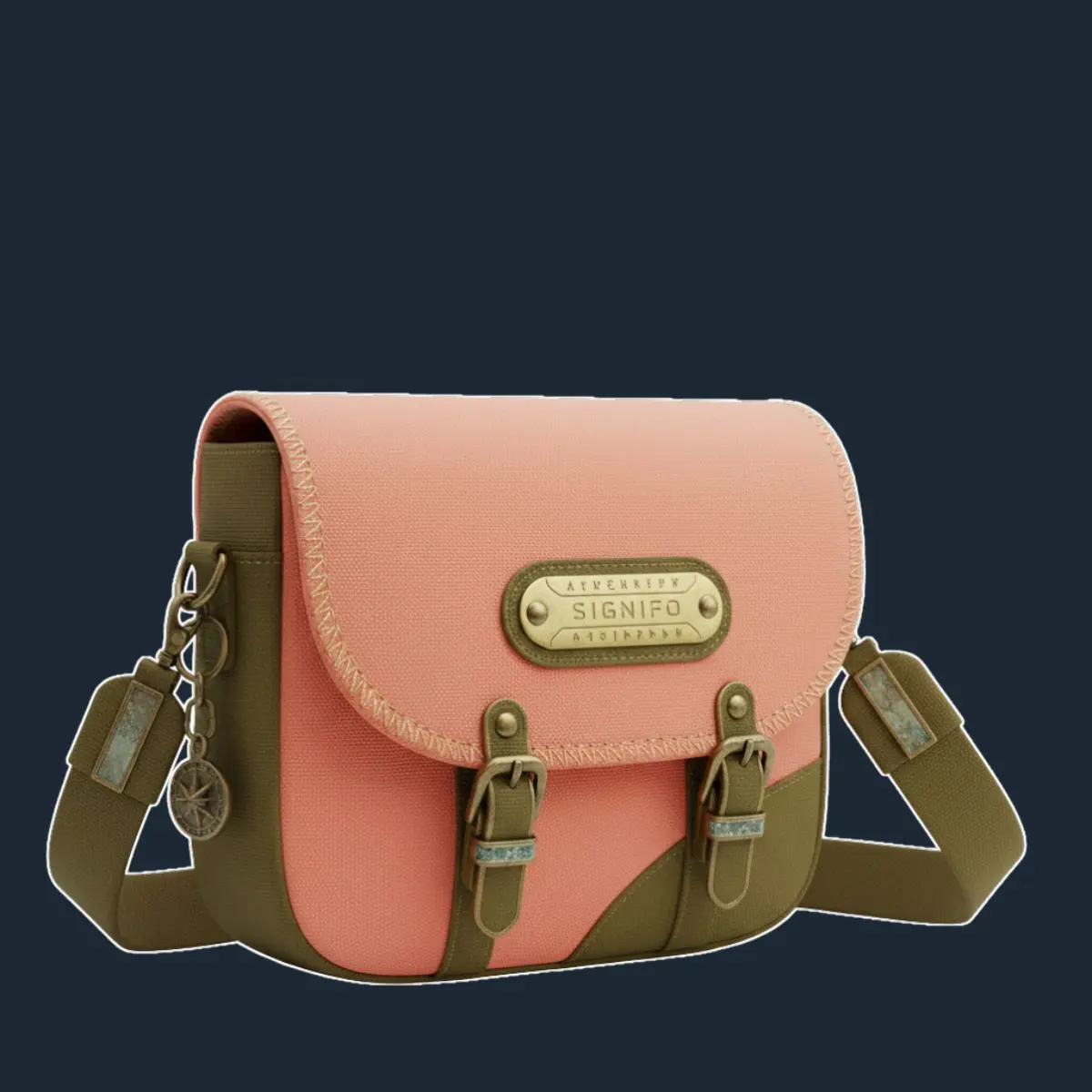 Tas bahu Coral Peach dengan flap melengkung dan detail kompas.