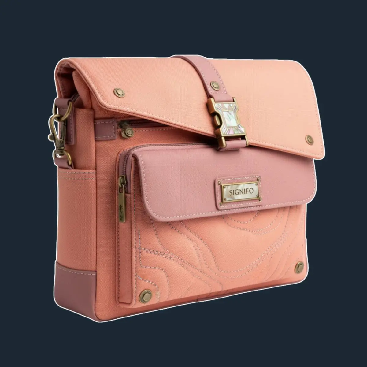 Tas kurir Coral Peach dengan panel dusty pink dan sulaman gelombang.