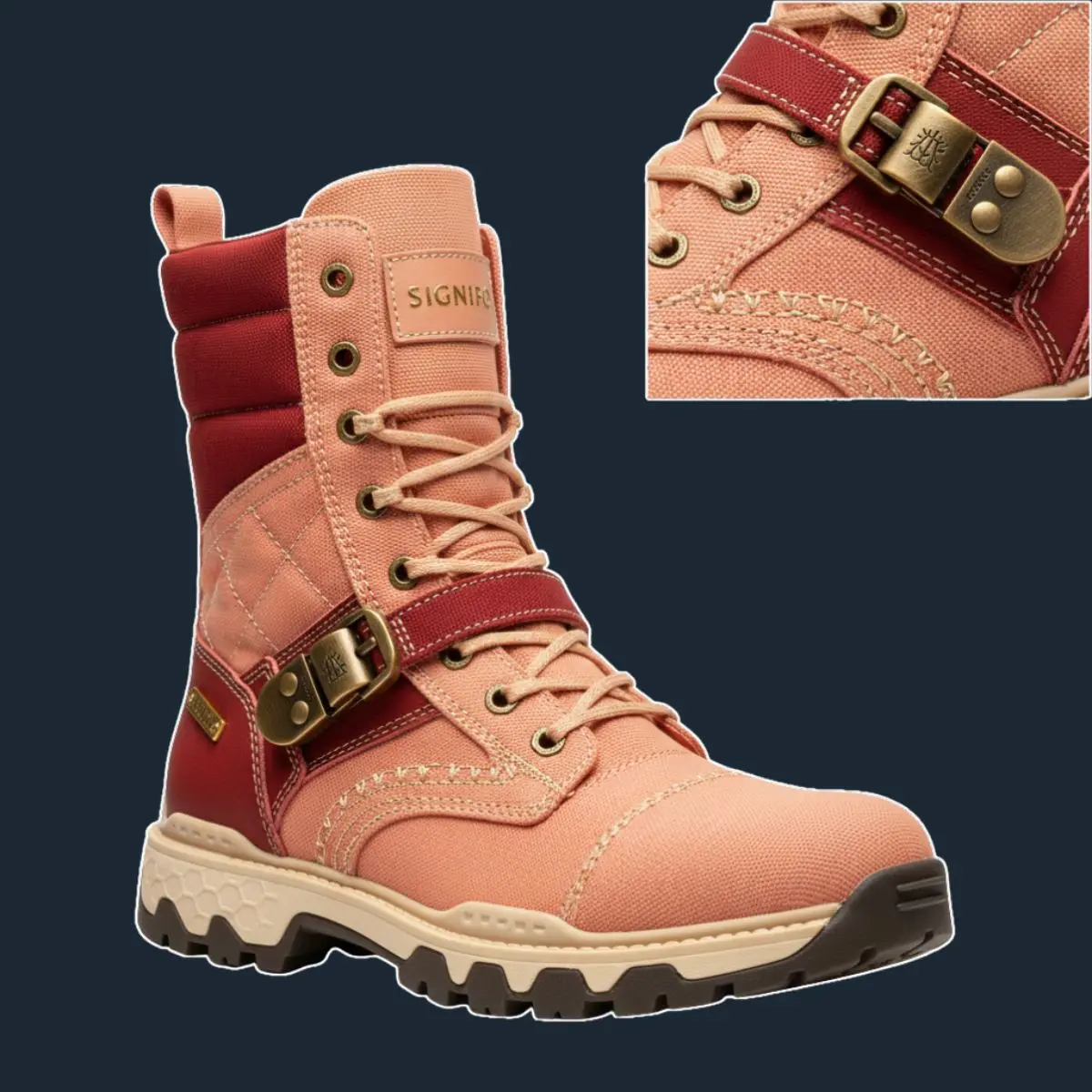 Boot militer Coral Peach dengan sol lug tebal dan gesper logam.
