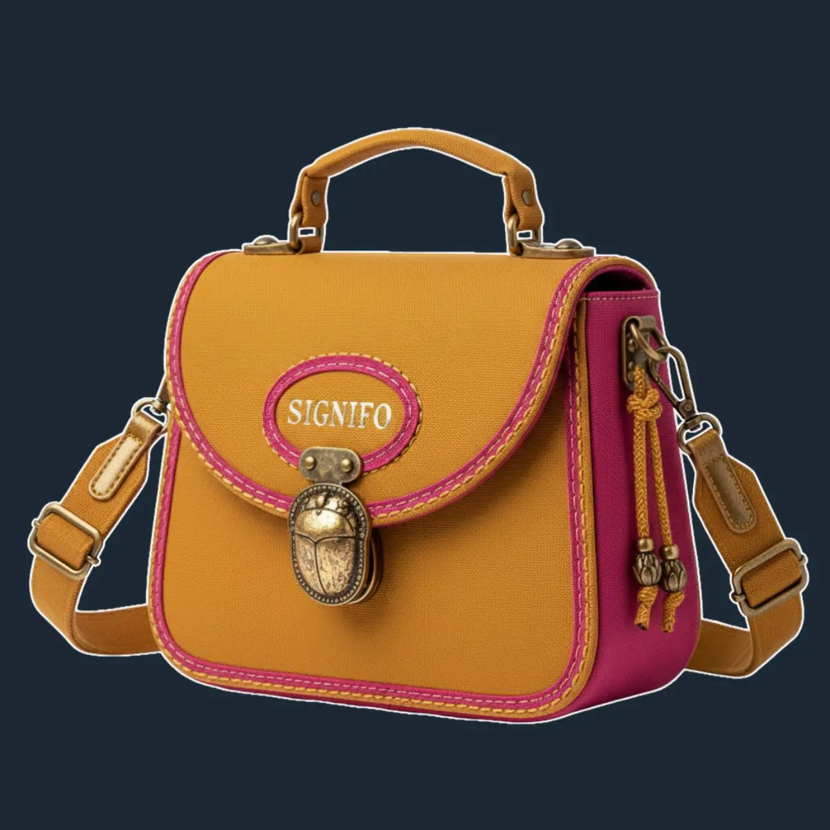 Tas kotak kecil oker emas dengan clasp scarab dan trim pink.