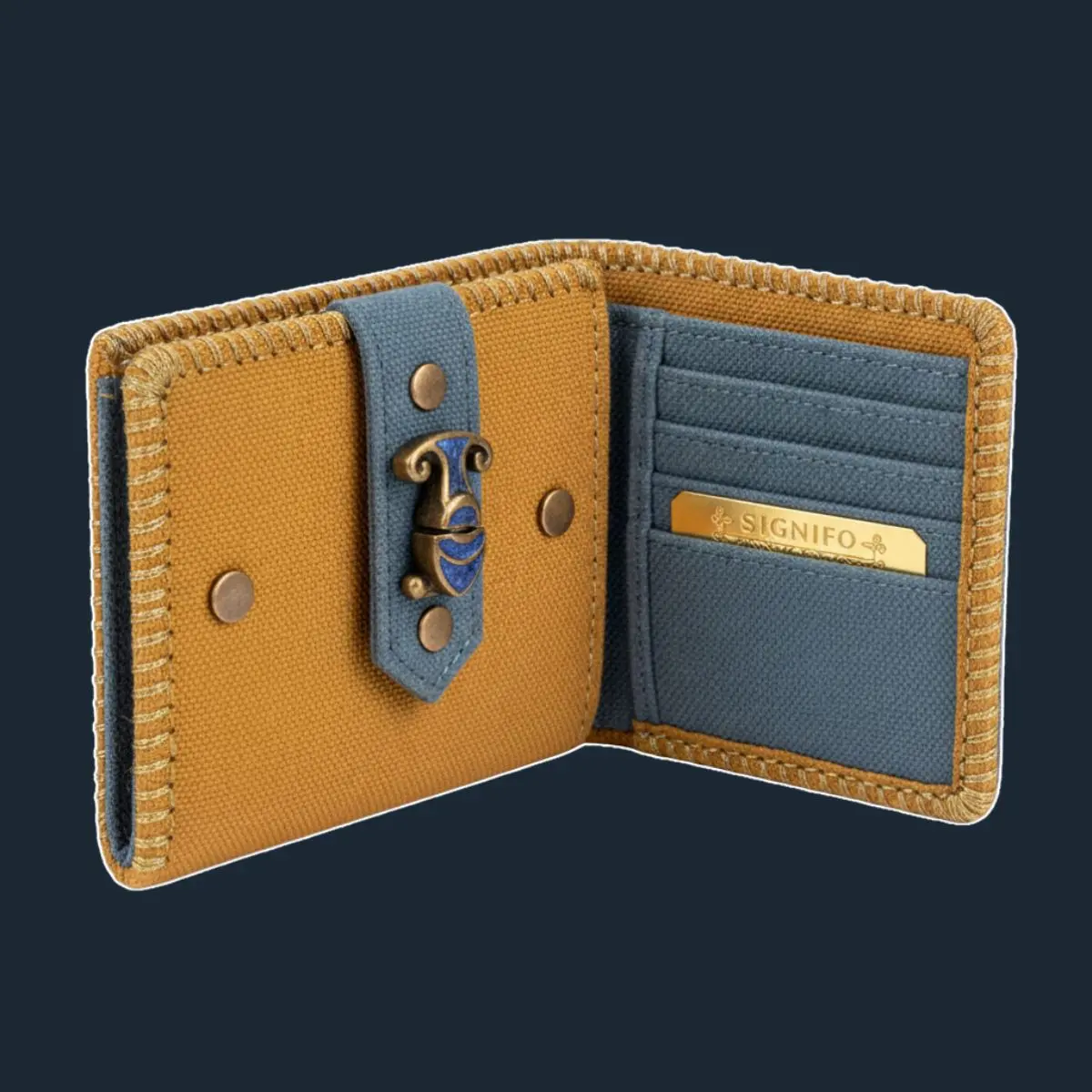 Dompet dua lipat oker emas dengan tali biru dan clasp batu pirus.