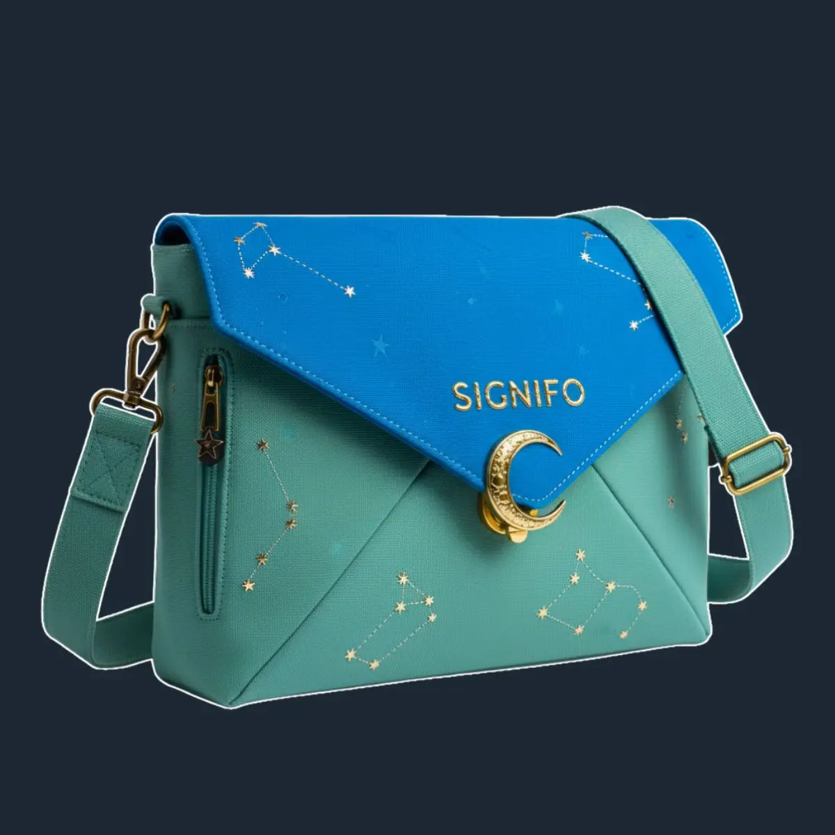 Tas selempang Sage Green dengan flap biru dan bordir rasi bintang.