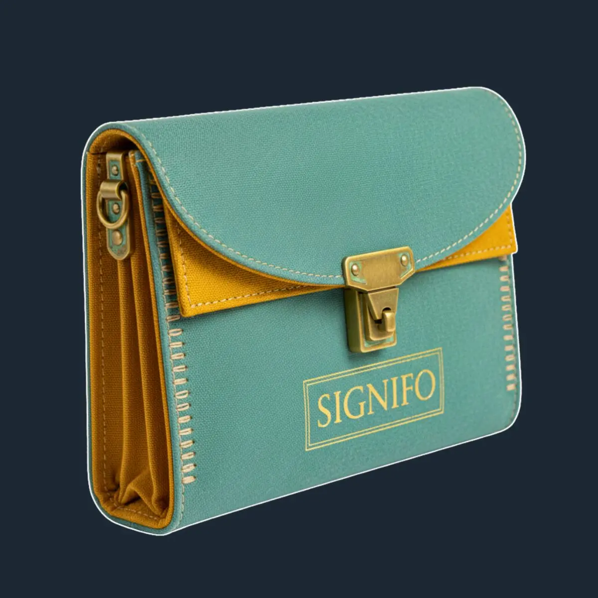 Tas kecil Sage Green dengan panel mustard dan gesper kuningan.