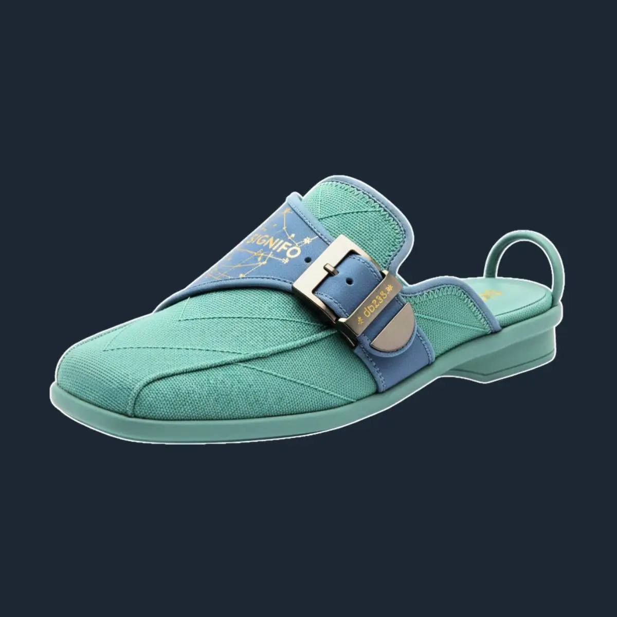 Mules Sage Green dengan strap gesper adjustable dan bordir.