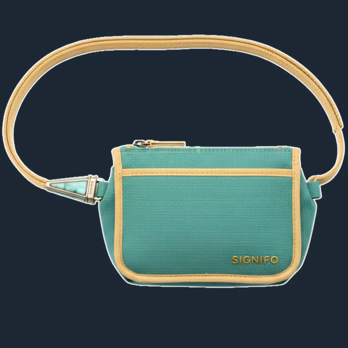 Tas pinggang Sage Green dengan trim ochre dan batu pirus.