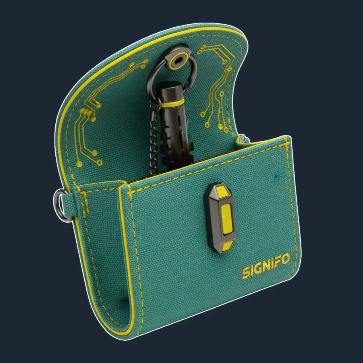 Dompet kunci mobil Sage Green dengan trim neon dan motif sirkuit.