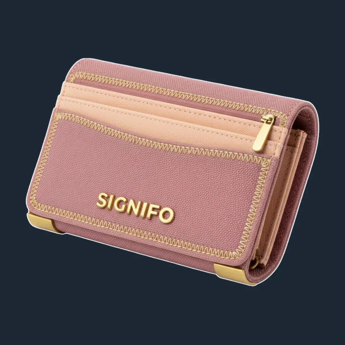 Small pink wallet with zig-zag gold stitches and metallic pull.