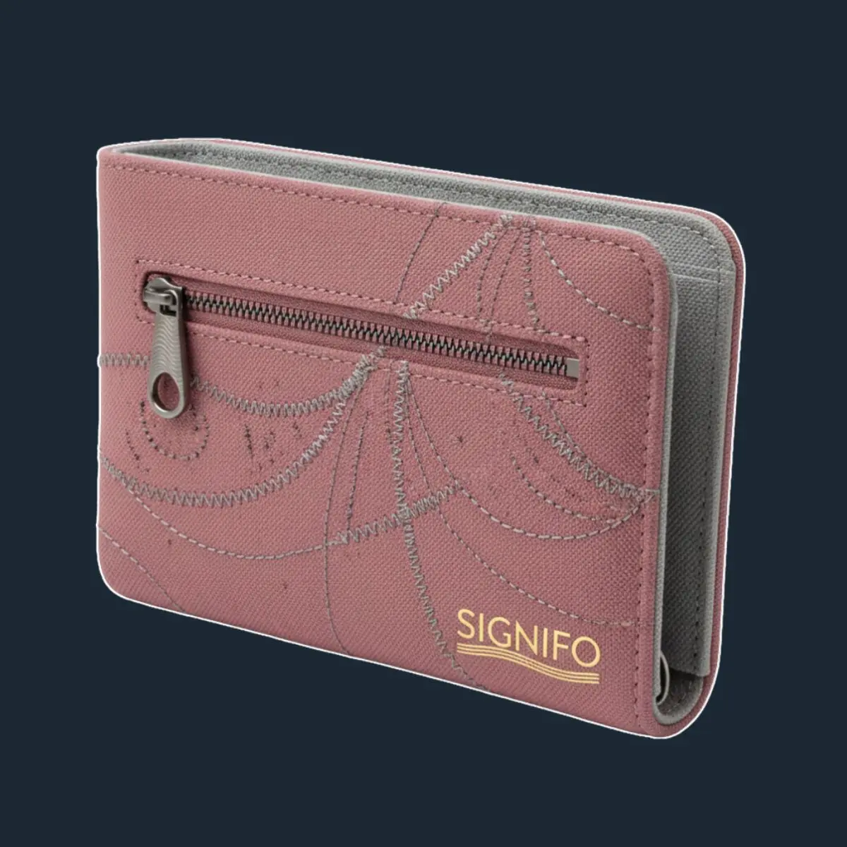 Pink fold wallet with diagonal zipper and soft gray lining.
