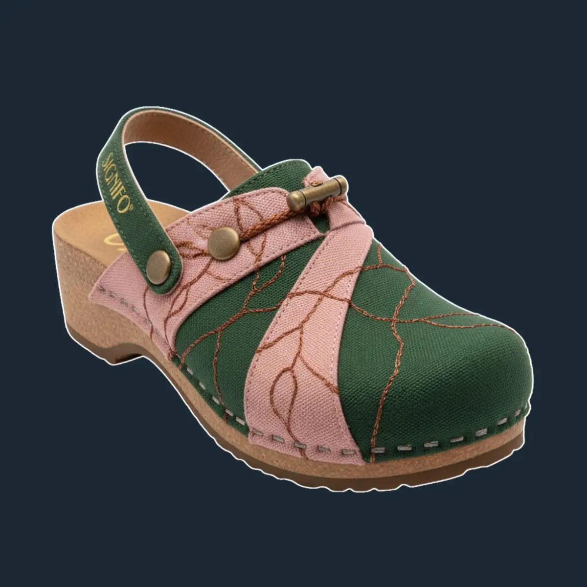 Pink and green wooden clogs with embroidered vines.