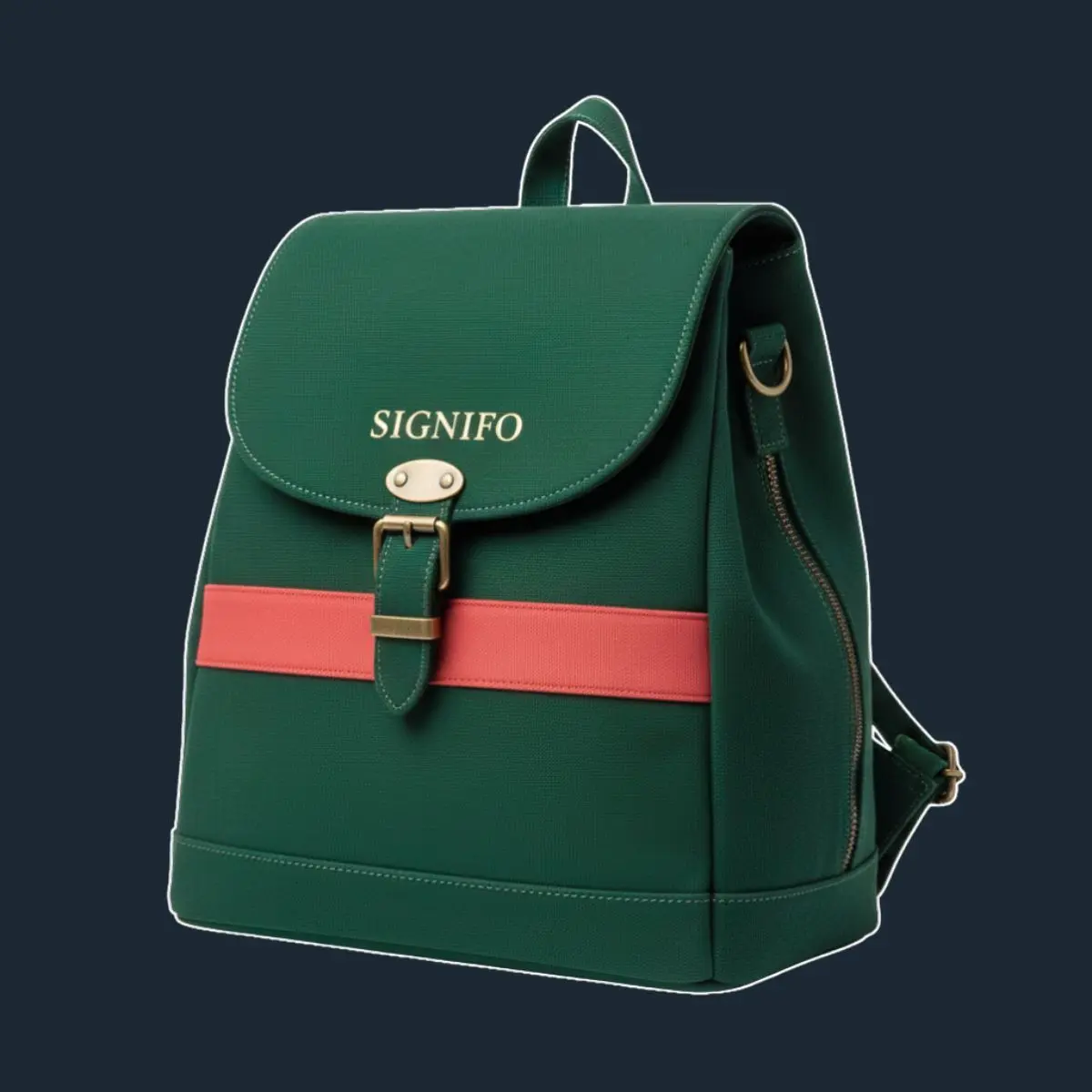 Ransel Signifo hijau gelap dengan garis oranye-persik horizontal dan gesper kuningan.