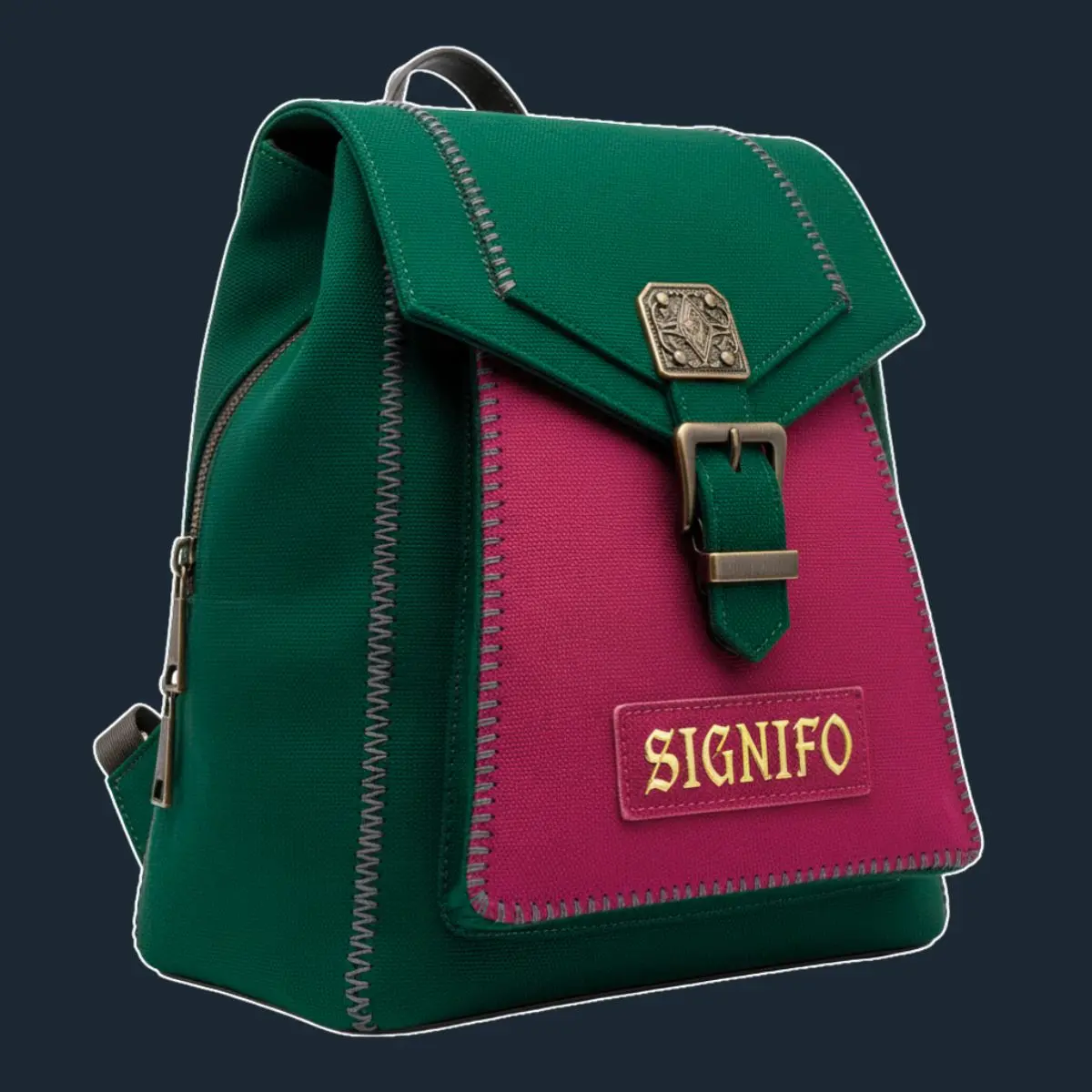 Ransel mini Signifo hijau tua dan fuchsia dengan penutup flap dan gesper.