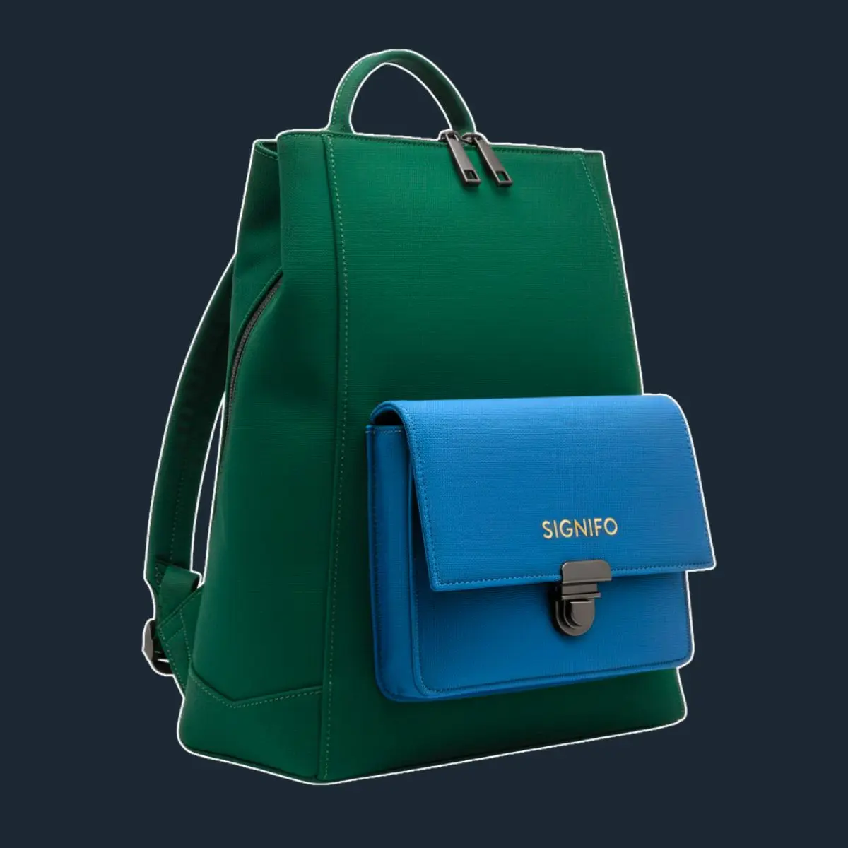 Ransel Signifo hijau gelap dengan kantong flap biru cerah di depan.
