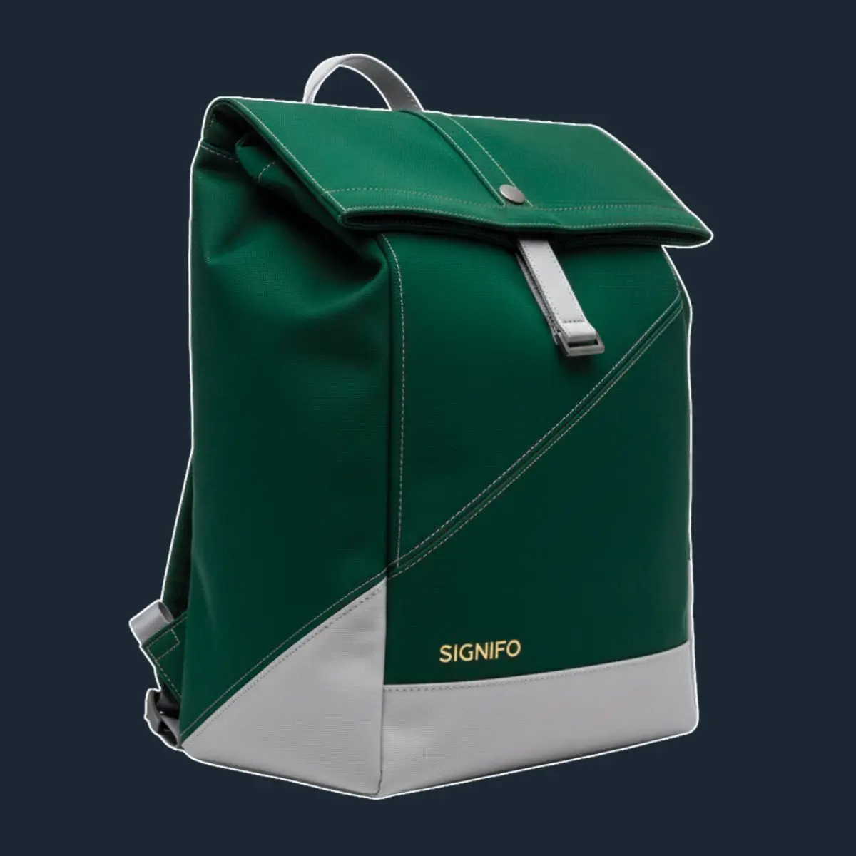 Ransel Signifo hijau gelap-abu-abu dengan penutup flap dan detail garis diagonal.