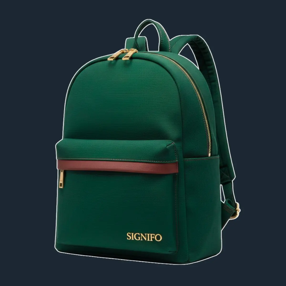 Ransel Signifo hijau gelap dengan ritsleting emas dan garis merah marun.