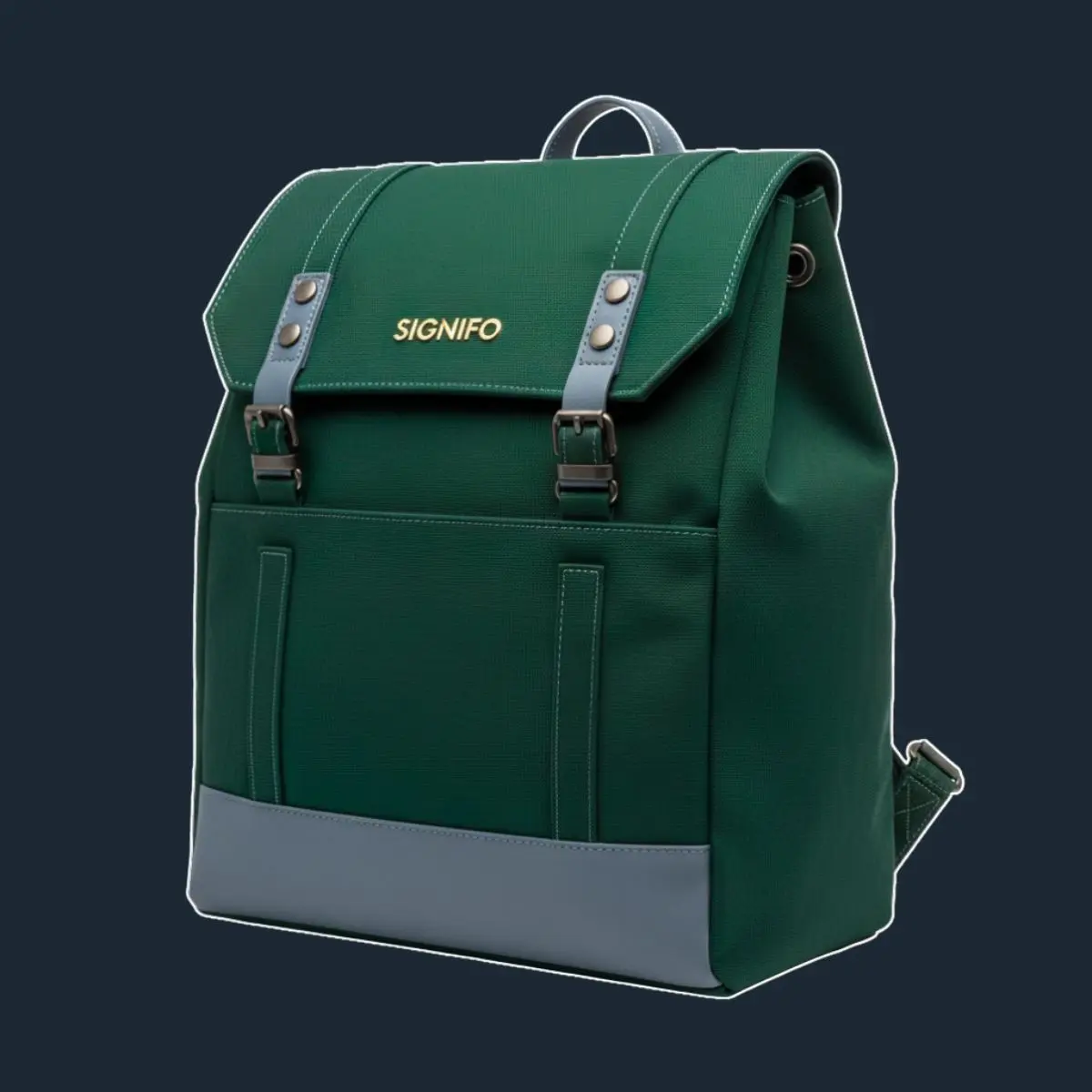 Ransel Signifo hijau gelap-abu-abu dengan penutup flap yang memiliki dua tali gesper.