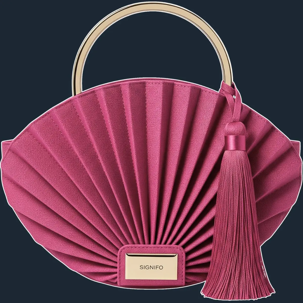 Tas tangan *clutch* Signifo fuchsia dengan lipatan kipas, pegangan cincin emas, dan rumbai.
