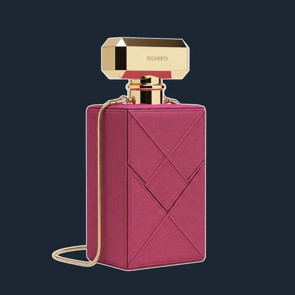Bottle-shaped bag Botol parfum Signifo fuchsia dengan pola geometris timbul, tutup emas, dan rantai tipis.with gold geometric cap.