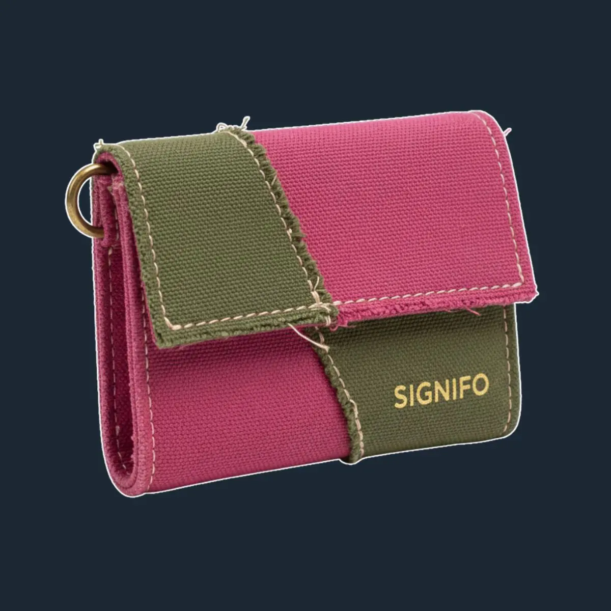 Dompet lipat Signifo fuchsia-hijau *olive* dengan jahitan kontras dan detail pinggiran mentah.