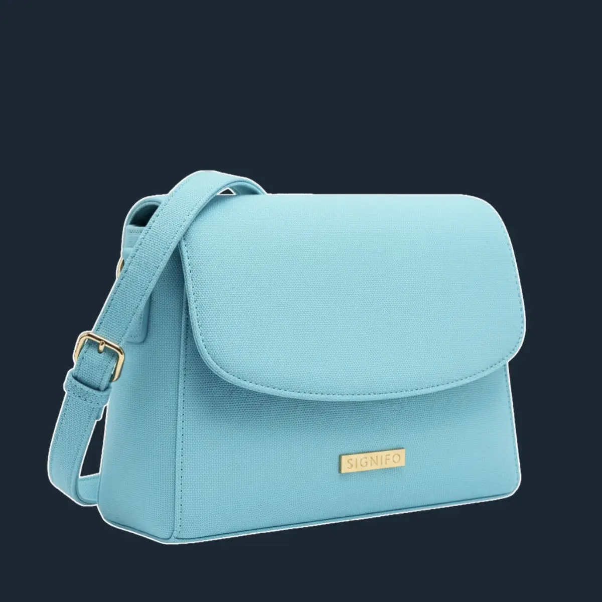 Tas selempang Signifo biru muda dengan penutup *flap* melengkung.