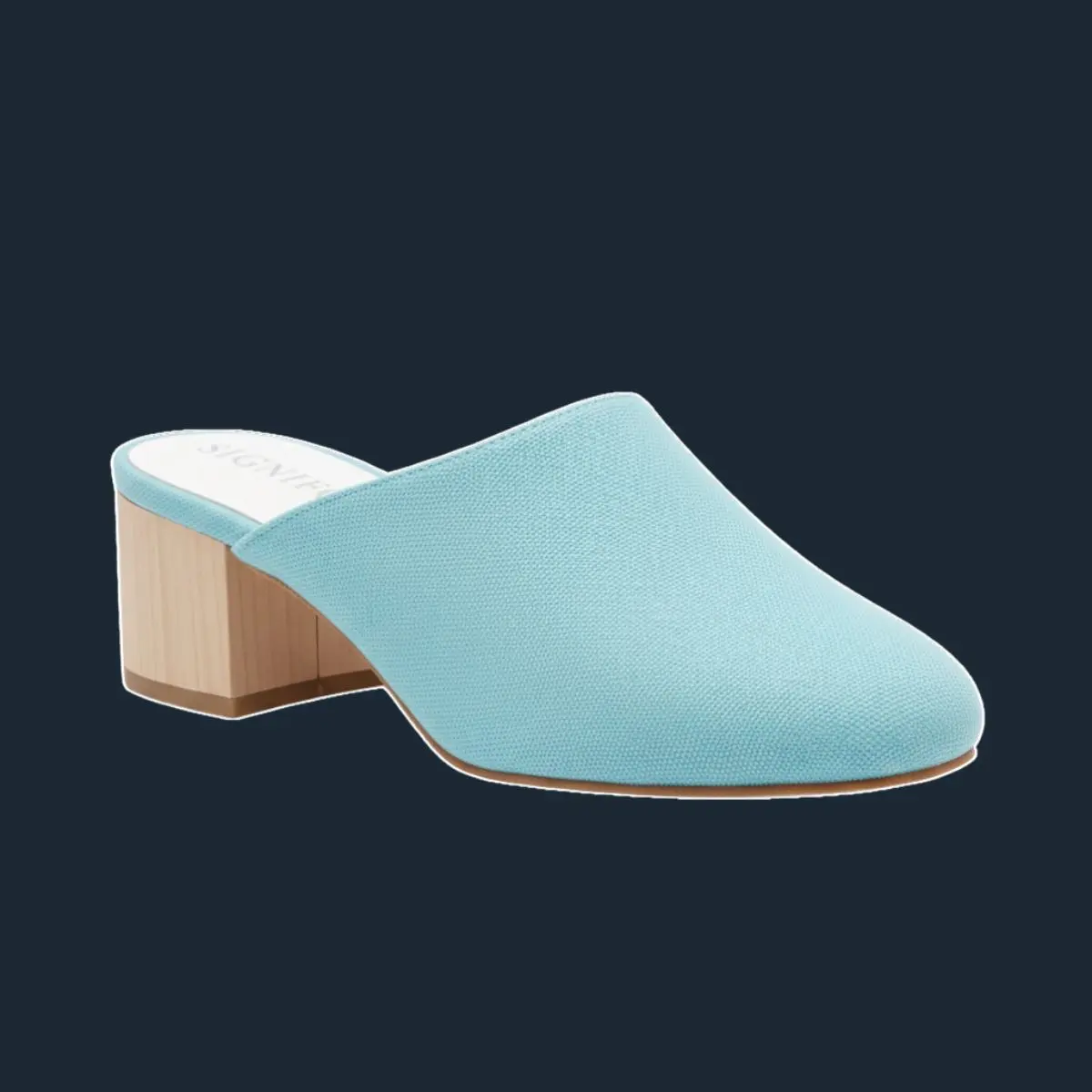 Sandal *mule* Signifo biru muda dengan tumit balok kayu.