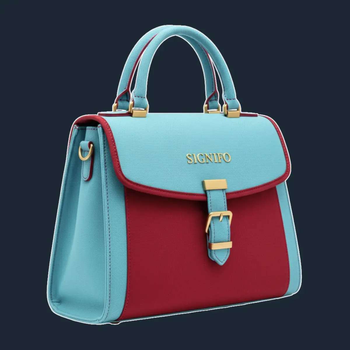 Tas tangan Signifo biru muda-merah dengan pegangan, penutup *flap*, dan perangkat keras emas.