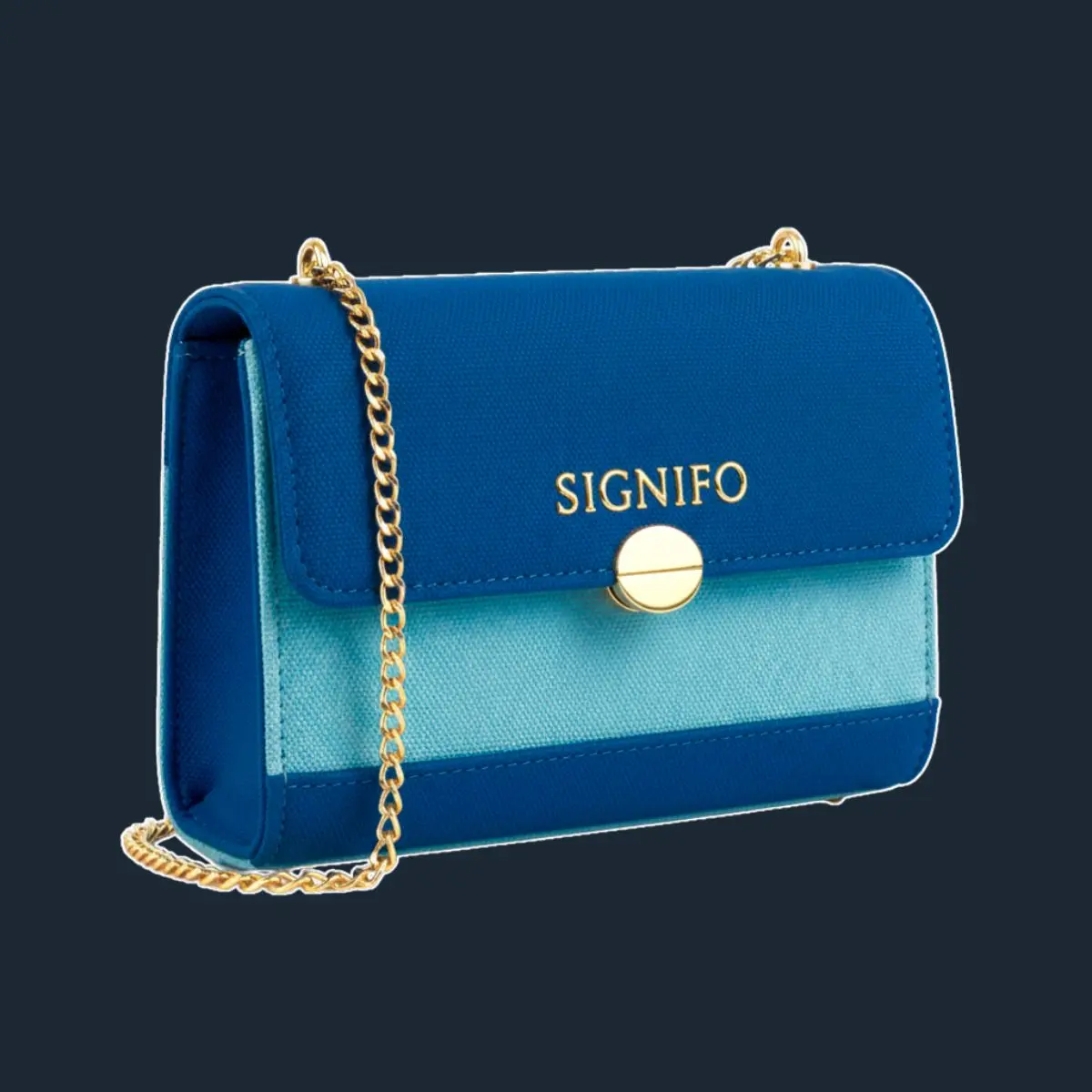 Tas Signifo *mini cross-body* biru tua-biru muda dengan penutup *flap* dan rantai emas.